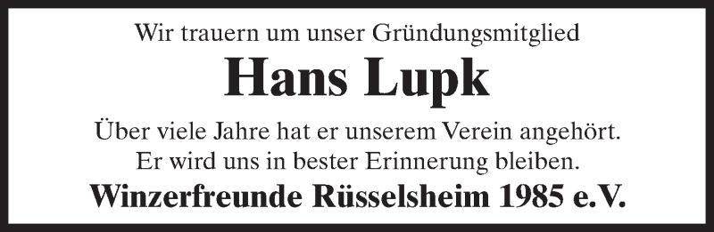  Traueranzeige für Hans Lupk vom 02.03.2017 aus Trauerportal Rhein Main Presse