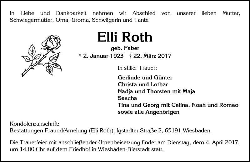  Traueranzeige für Elli Roth vom 29.03.2017 aus Trauerportal Rhein Main Presse