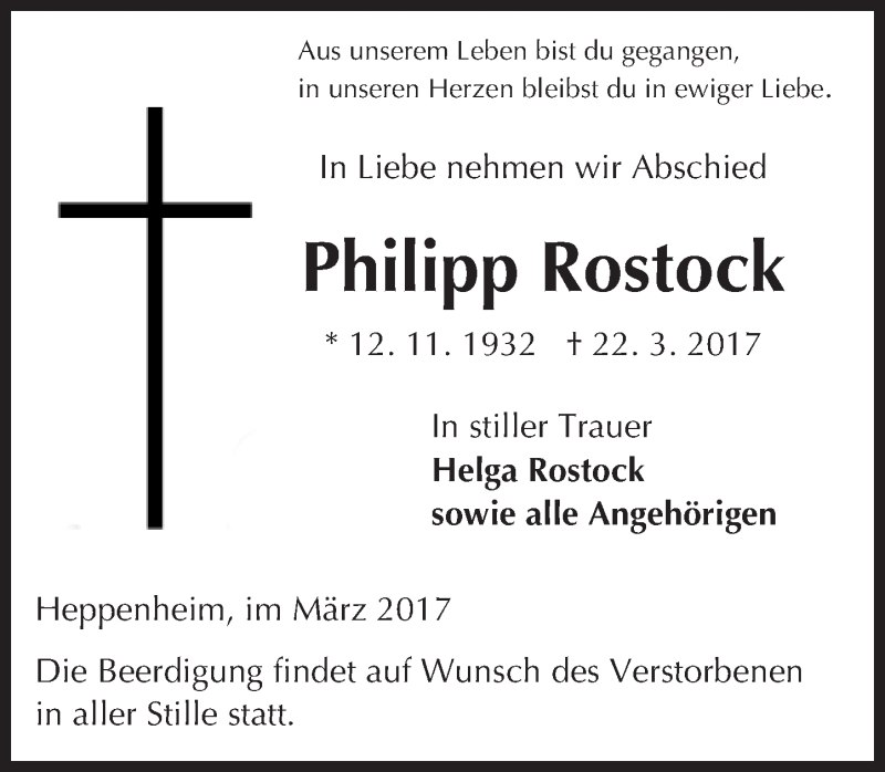  Traueranzeige für Philipp Rostock vom 29.03.2017 aus Trauerportal Echo Online