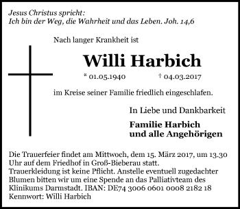 Traueranzeige von Willi Harbich von Trauerportal Echo Online