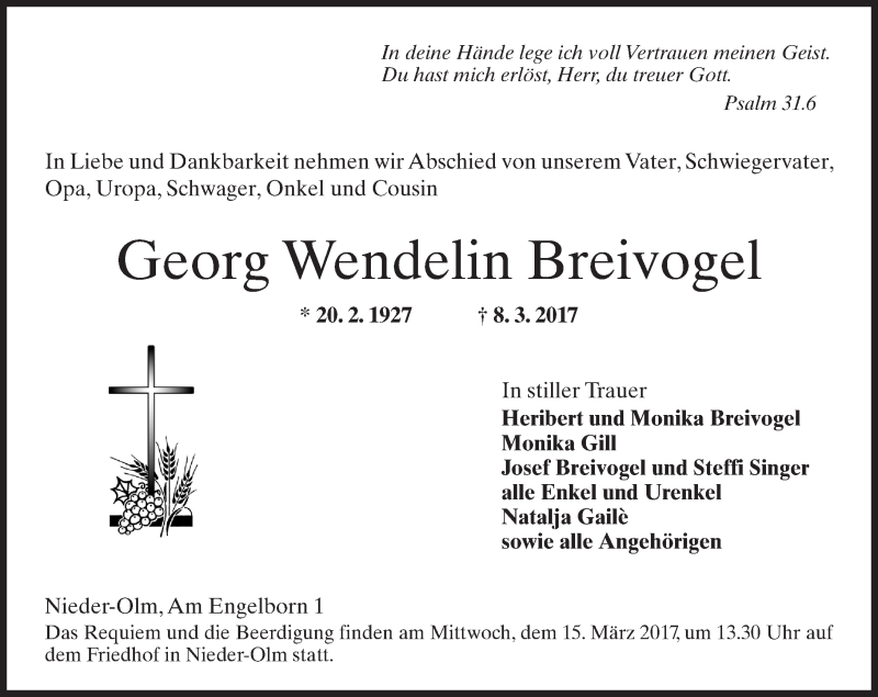  Traueranzeige für Georg Wendelin Breivogel vom 11.03.2017 aus Trauerportal Rhein Main Presse