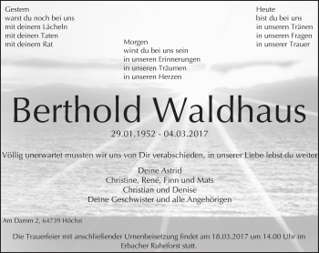 Traueranzeige von Berthold Waldhaus von Trauerportal Rhein Main Presse