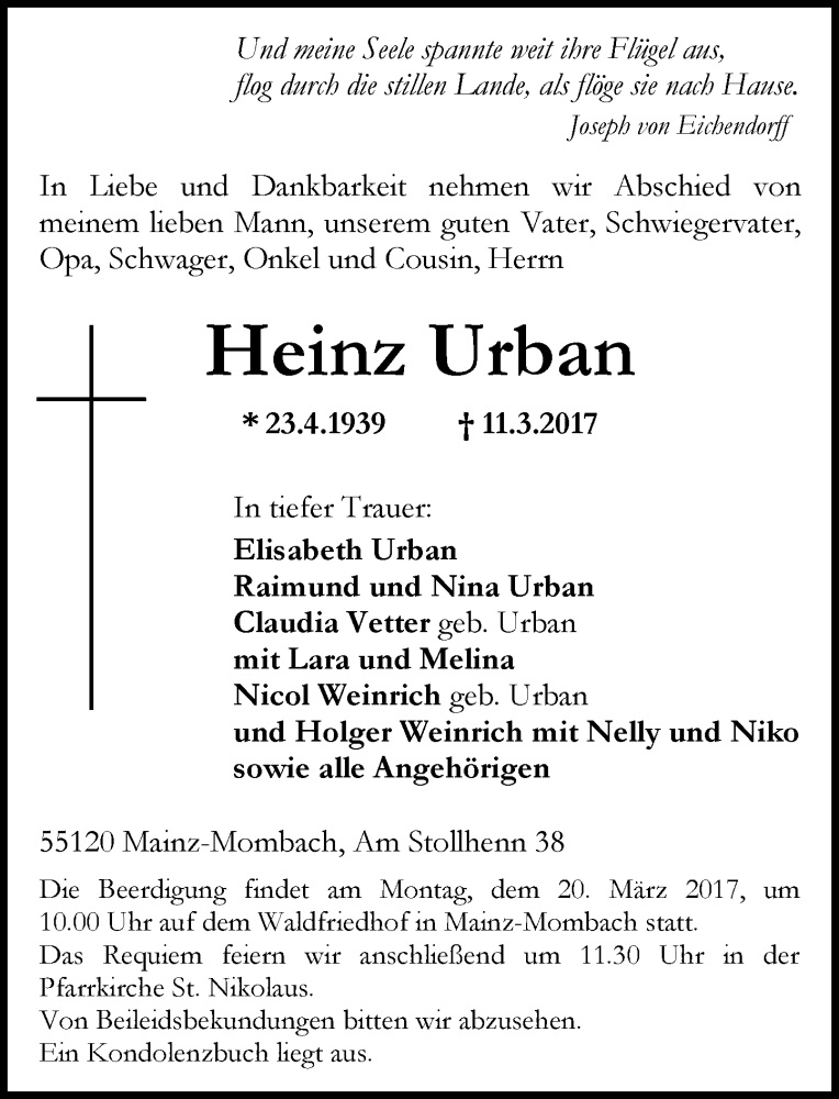  Traueranzeige für Heinz Urban vom 18.03.2017 aus Trauerportal Rhein Main Presse