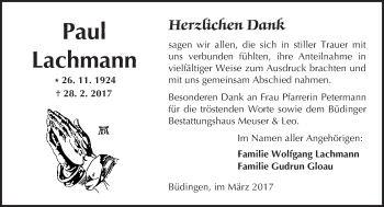 Traueranzeige von Paul Lachmann von  Kreisanzeiger