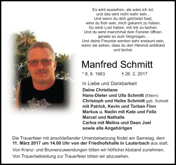 Traueranzeige von Manfred Schmitt von VRM Trauer