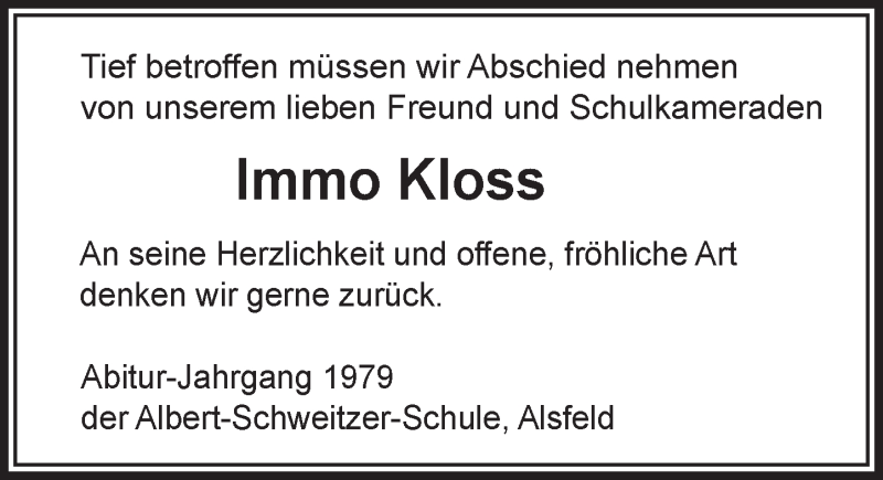  Traueranzeige für Immo Kloss vom 25.03.2017 aus VRM Trauer