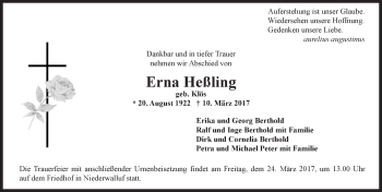Traueranzeige von Erna Heßling von Trauerportal Rhein Main Presse
