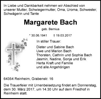 Traueranzeige von Margarete Bach von Trauerportal Echo Online