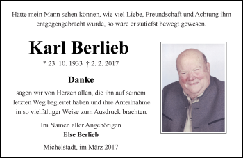 Traueranzeige von Karl Berlieb von Trauerportal Echo Online