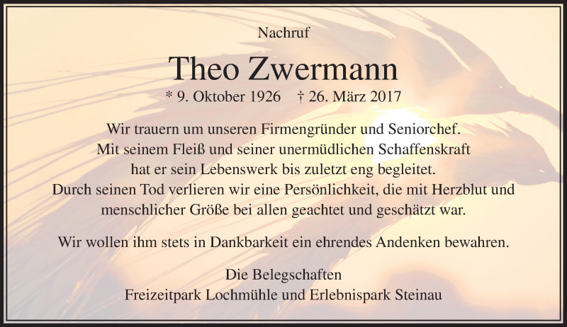  Traueranzeige für Theo Zwermann vom 28.03.2017 aus  Usinger Anzeiger