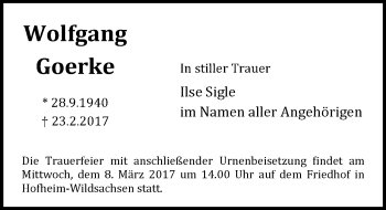 Traueranzeige von Wolfgang Goerke von Trauerportal Rhein Main Presse