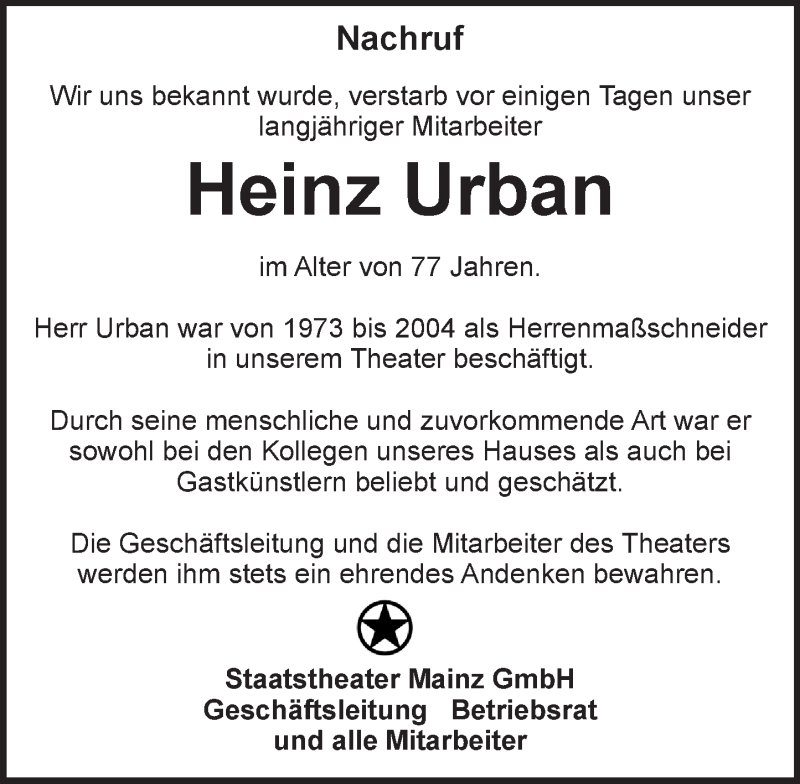  Traueranzeige für Heinz Urban vom 18.03.2017 aus Trauerportal Rhein Main Presse