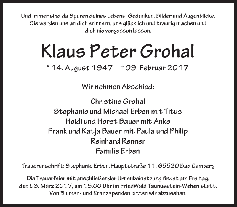  Traueranzeige für Klaus Peter Grohal vom 02.03.2017 aus  Camberger Anzeiger