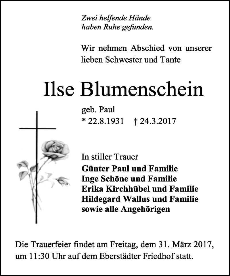 Traueranzeige für Ilse Blumenschein vom 29.03.2017 aus Trauerportal Echo Online