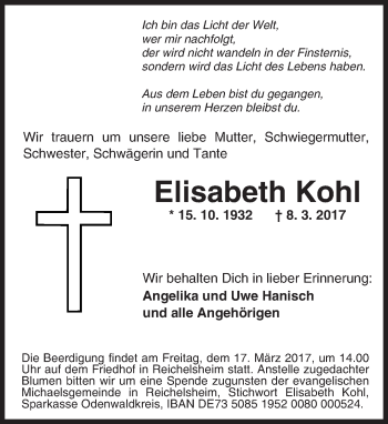 Traueranzeige von Elisabeth Kohl von Trauerportal Echo Online