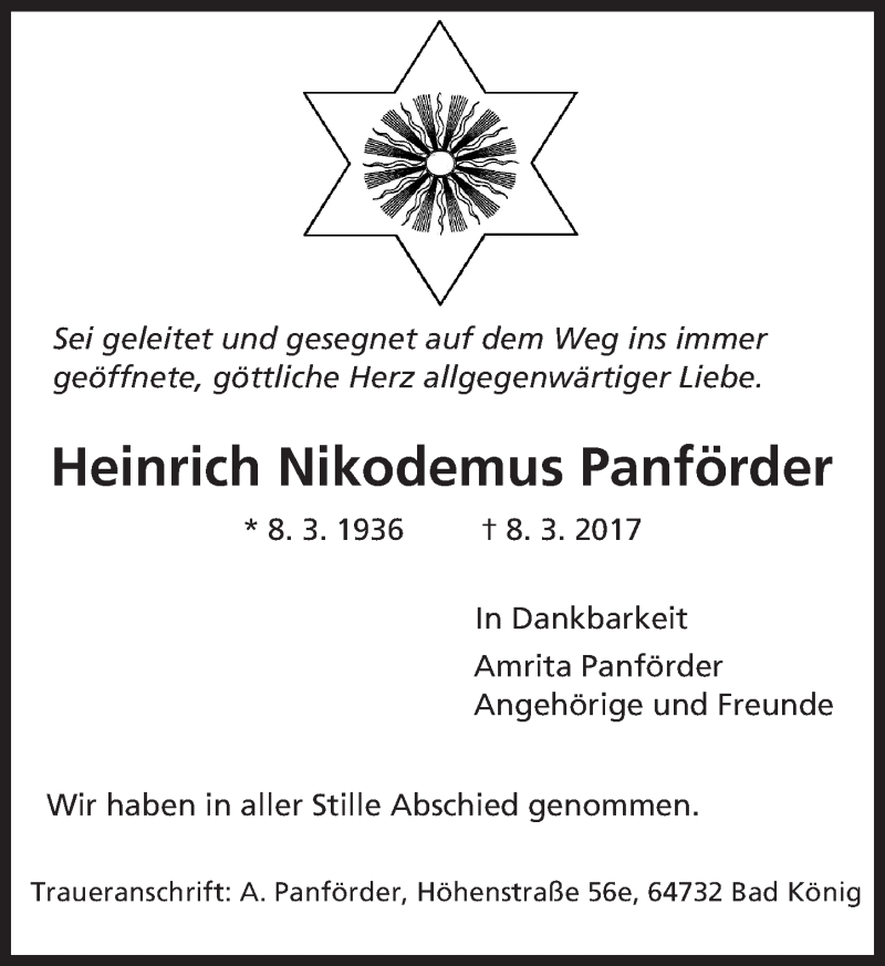  Traueranzeige für Heinrich Nikodemus Panförder vom 18.03.2017 aus Trauerportal Echo Online