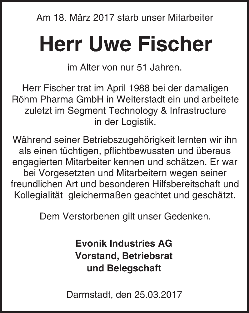  Traueranzeige für Uwe Fischer vom 25.03.2017 aus Trauerportal Echo Online
