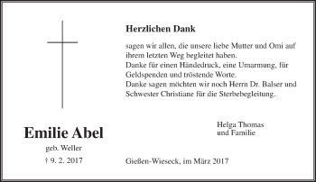 Traueranzeige von Emilie Abel von  Gießener Anzeiger