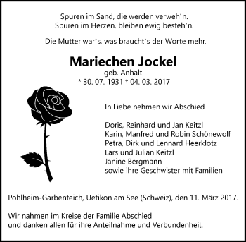 Traueranzeige von Mariechen Jockel von  Gießener Anzeiger