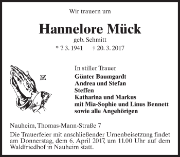 Traueranzeige von Hannelore Mück von Trauerportal Rhein Main Presse