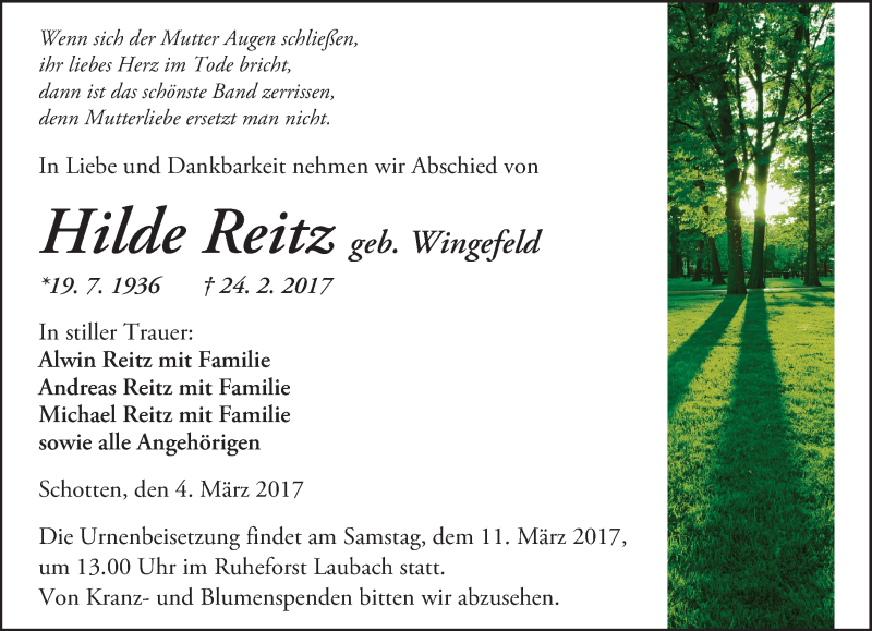  Traueranzeige für Hilde Reitz vom 04.03.2017 aus  Kreisanzeiger