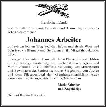 Traueranzeige von Johannes Arbeiter von Trauerportal Rhein Main Presse