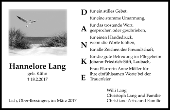 Traueranzeige von Hannelore Lang von  Gießener Anzeiger