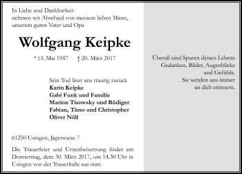 Traueranzeige von Wolfgang Keipke von  Usinger Anzeiger