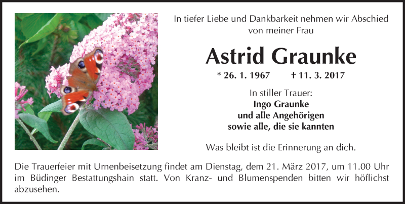  Traueranzeige für Astrid Graunke vom 18.03.2017 aus  Kreisanzeiger