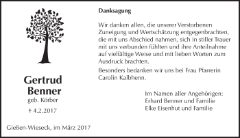 Traueranzeige von Gertrud Benner von  Gießener Anzeiger