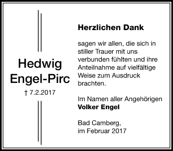 Traueranzeige von Hedwig Engel-Pirc von  Camberger Anzeiger