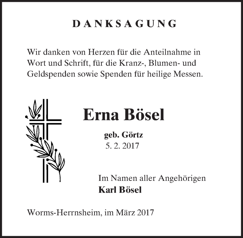  Traueranzeige für Erna Bösel vom 11.03.2017 aus Trauerportal Rhein Main Presse