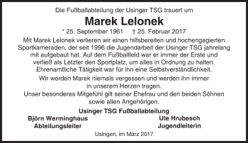 Traueranzeige von Marek Lelonek von  Usinger Anzeiger