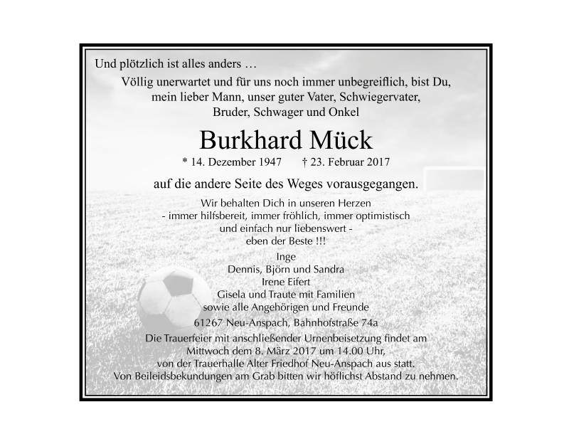  Traueranzeige für Burkhard Mück vom 04.03.2017 aus  Usinger Anzeiger