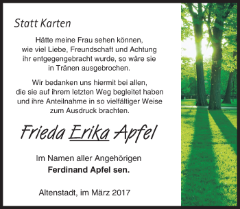 Traueranzeige von Frieda Erika Apfel von  Kreisanzeiger