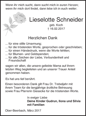 Traueranzeige von Lieselotte Schneider von Trauerportal Echo Online
