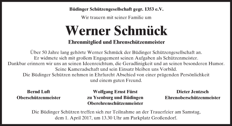  Traueranzeige für Werner Schmück vom 31.03.2017 aus  Kreisanzeiger