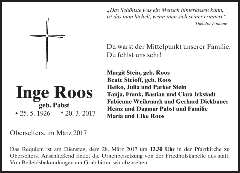  Traueranzeige für Inge Roos vom 23.03.2017 aus  Camberger Anzeiger