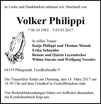 Traueranzeige von Volker Philippi von Trauerportal Echo Online