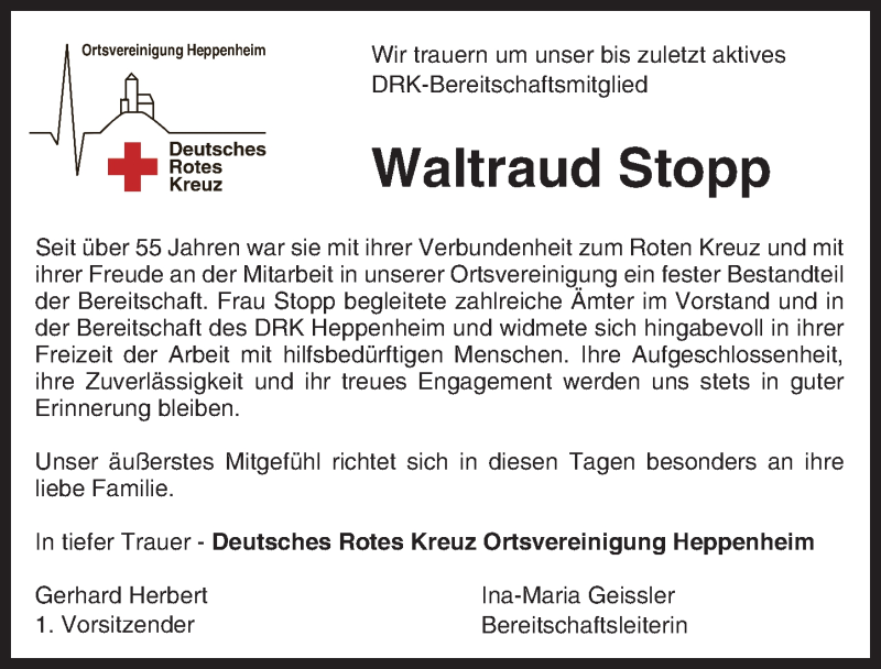  Traueranzeige für Waltraud Stopp vom 30.03.2017 aus Trauerportal Echo Online