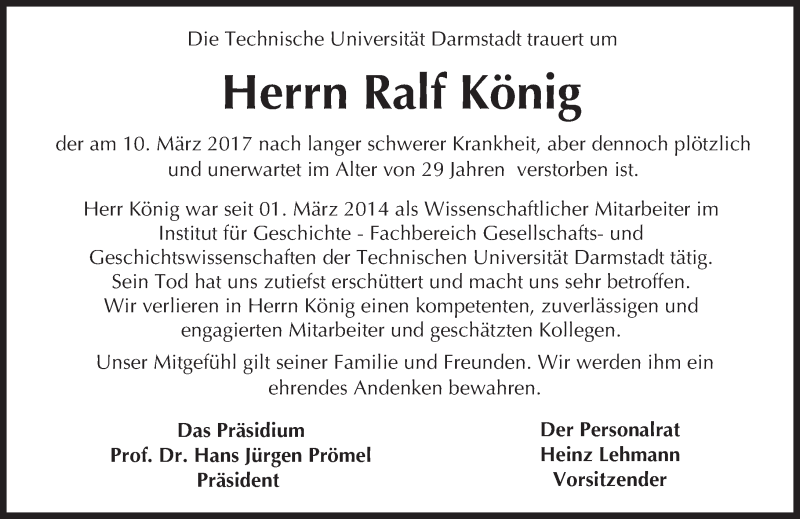  Traueranzeige für Ralf König vom 25.03.2017 aus Trauerportal Echo Online