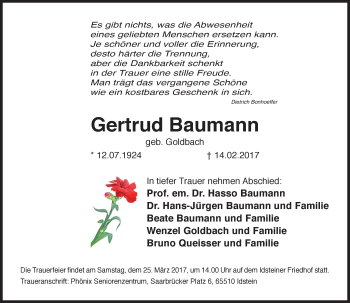 Traueranzeige von Gertrud Baumann von Trauerportal Rhein Main Presse