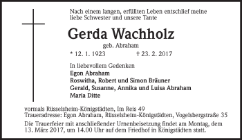 Traueranzeige von Gerda Wachholz von Trauerportal Rhein Main Presse