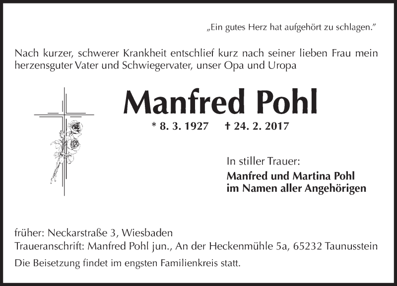  Traueranzeige für Manfred Pohl vom 04.03.2017 aus Trauerportal Rhein Main Presse