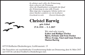 Traueranzeige von Christel Barwig von Trauerportal Rhein Main Presse