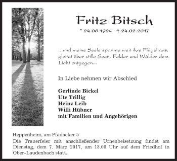Traueranzeige von Fritz Bitsch von Trauerportal Rhein Main Presse