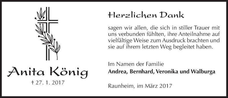  Traueranzeige für Anita König vom 04.03.2017 aus Trauerportal Rhein Main Presse