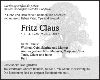 Traueranzeige von Fritz Claus von Trauerportal Echo Online