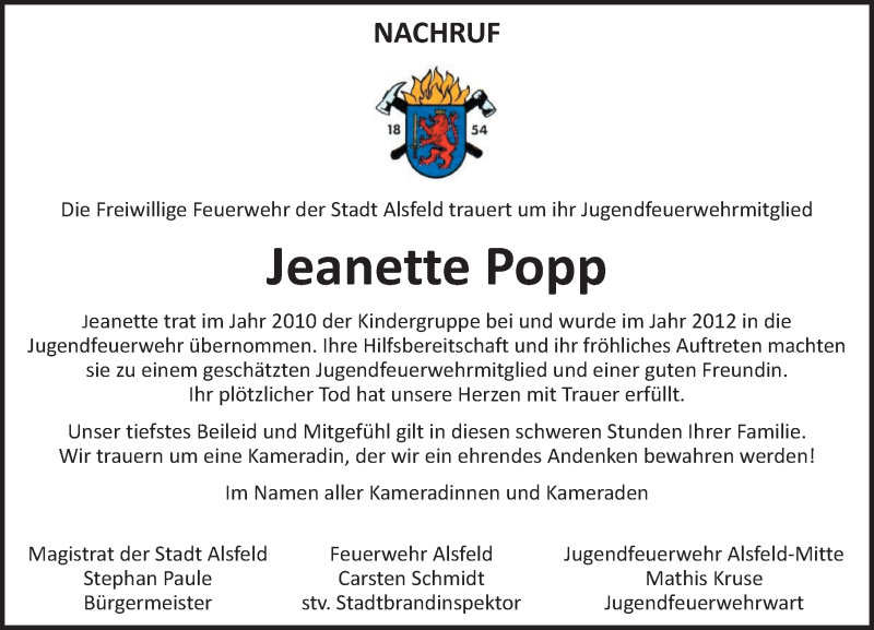  Traueranzeige für Jeanette Popp vom 03.03.2017 aus VRM Trauer