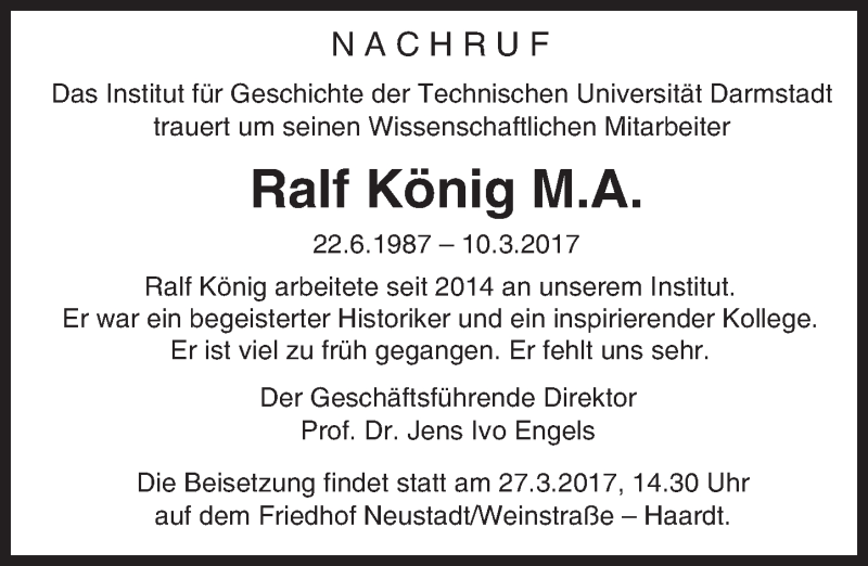  Traueranzeige für Ralf König vom 22.03.2017 aus Trauerportal Echo Online